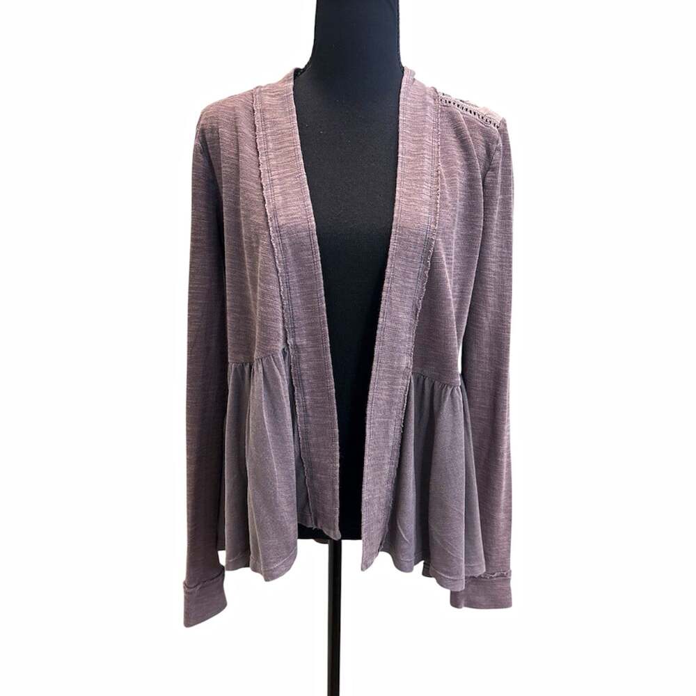 Anthropologie Gray Open-Front Embroidered Ruffle Lightweight Cardigan S